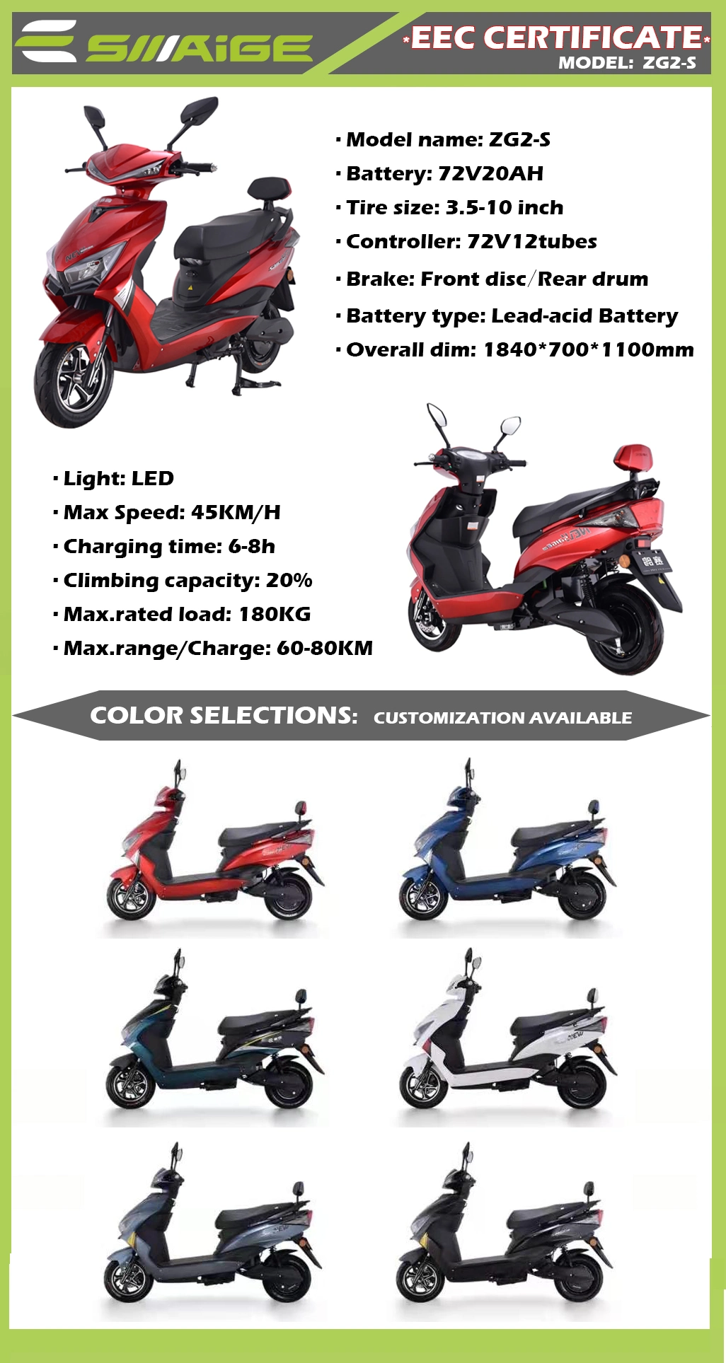 Saige EEC Certified 72V20ah Lead Acid Battery or Lithium Battery Street Legal 2000W Electric Motorcycle